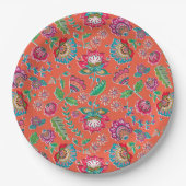 フォーク花鮮やかなオレンジ色の花結婚模様 ペーパープレート (正面)