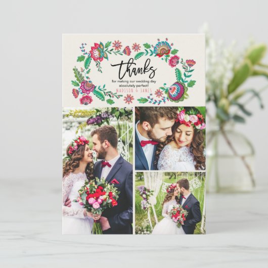 フォーク花 |ありがとうございます | 結婚s | 3枚のフォトカード サンキューカード (スタンド正面)