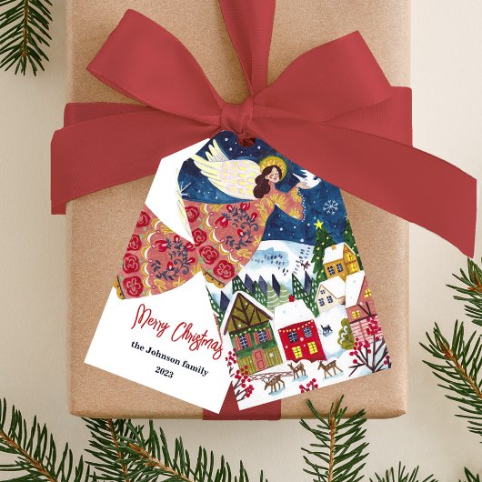 フォーク芸術の天使の地球のクリスマス平和 ギフトタグ