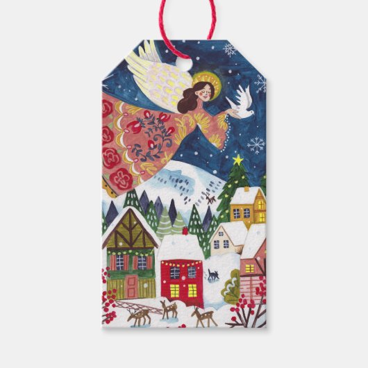 フォーク芸術の天使の地球のクリスマス平和 ギフトタグ (正面)