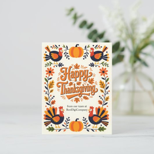 フォーク魅力的アートターキー&パンプキンサンクスギビング シーズンポストカード (スタンド正面)