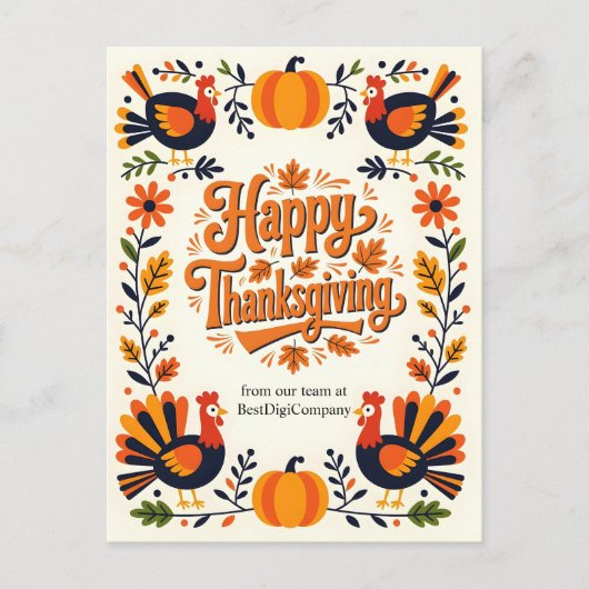 フォーク魅力的アートターキー&パンプキンサンクスギビング シーズンポストカード (正面)