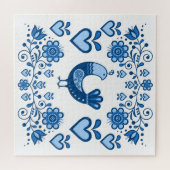 フォーク鳥/パートリッジ/花/ハート/青 ジグソーパズル (横)