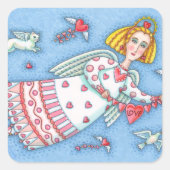 フォーク・アート・エンジェル、猫と飛んでいるハート スクエアシール (正面)