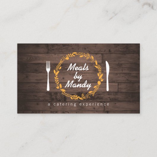 フォーク&ナイフリースオン木目ケータリングシェフ 名刺 (正面)