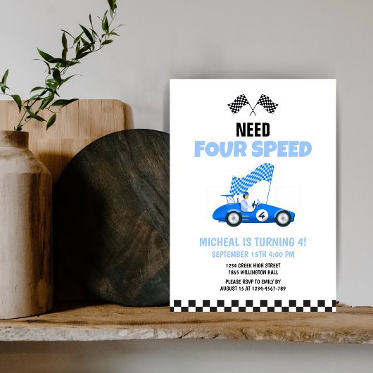 フォースピードのレースカーが青い4歳の誕生日 招待状