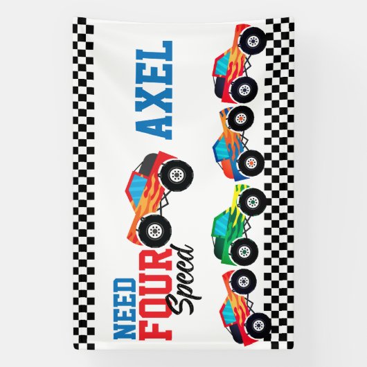 フォースピード モンスター トラック レース 4歳の誕生日 バナー 横断幕 (縦)