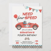 フォースピード レッド レースカー 4歳 誕生日パーティー 招待状 (正面)