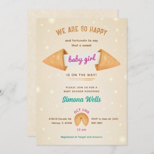 フォーチュンクッキー赤ちゃんの女の子かわいいシャワー散水 招待状 (正面/裏面)