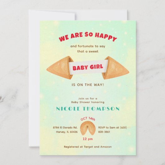 フォーチュンクッキー赤ちゃんの女の子かわいいシャワー散水 招待状 (正面)