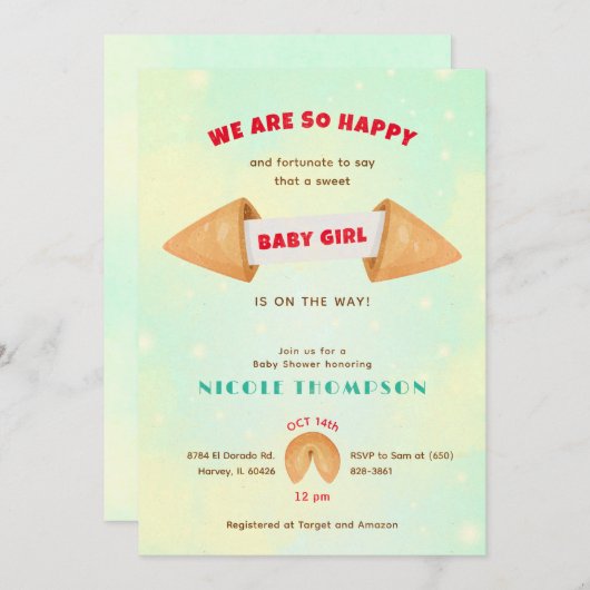 フォーチュンクッキー赤ちゃんの女の子かわいいシャワー散水 招待状 (正面/裏面)