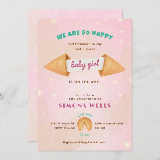 フォーチュンクッキー赤ちゃんの女の子かわいいシャワー散水 招待状 (正面/裏面)