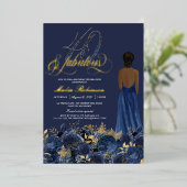 フォーティアンドファブエレガントルブルー&金ゴールド誕生日 箔招待状 (立ち正面)