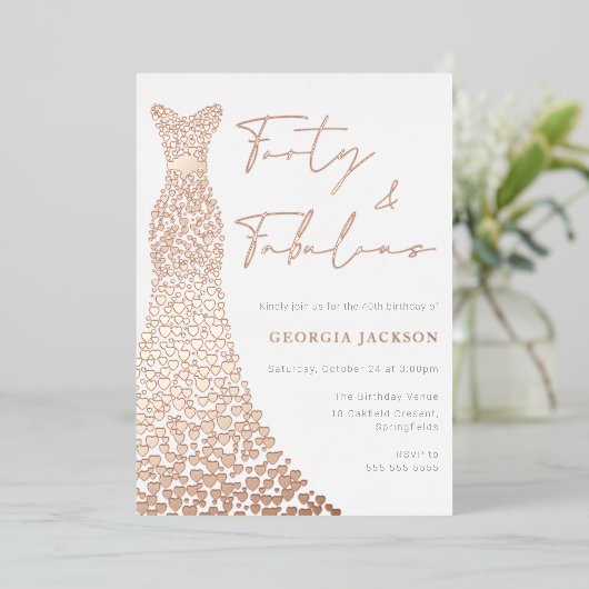 フォーティアンドファブドレス40thバースデー実在バラ金ゴールド 箔招待状 (立ち正面)