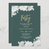 フォーティエメラルドグリーン&金ゴールドホワイトフローラ誕生日 招待状 (正面/裏面)