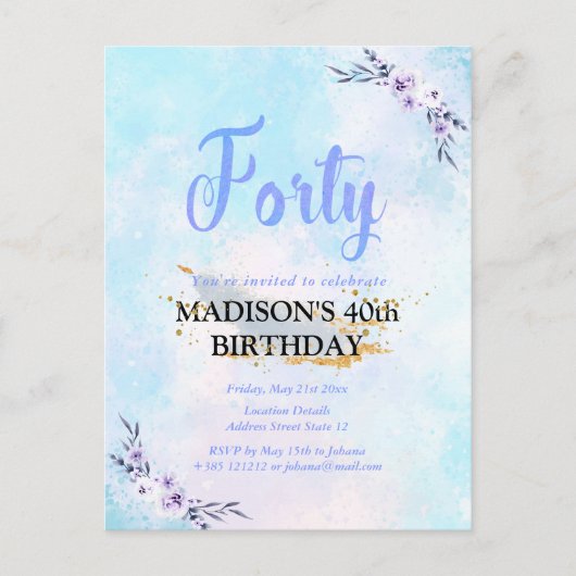 フォーティバースデーパーティーウォーターカラーパステル ポストカード (正面)