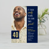 フォーティフォトブルー&金ゴールド40歳の誕生日実在パーティー 箔招待状 (立ち正面)