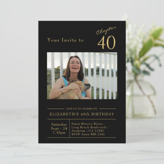 フォーティブラック金ゴールド40歳の誕生日パーティー写真 招待状 (スタンド正面)