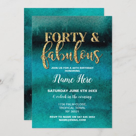 フォーティーアンドファブラス誕生日パーティーティール（緑がかった色）40招待状 招待状 (正面/裏面)