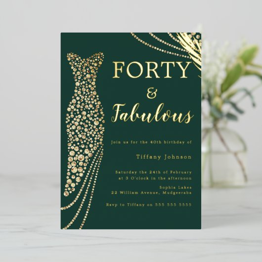 フォーティーアンドファブルースエメラルド金ゴールドドレス40th誕生日 箔招待状 (立ち正面)