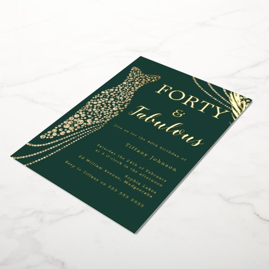 フォーティーアンドファブルースエメラルド金ゴールドドレス40th誕生日 箔招待状 (回転した状態)