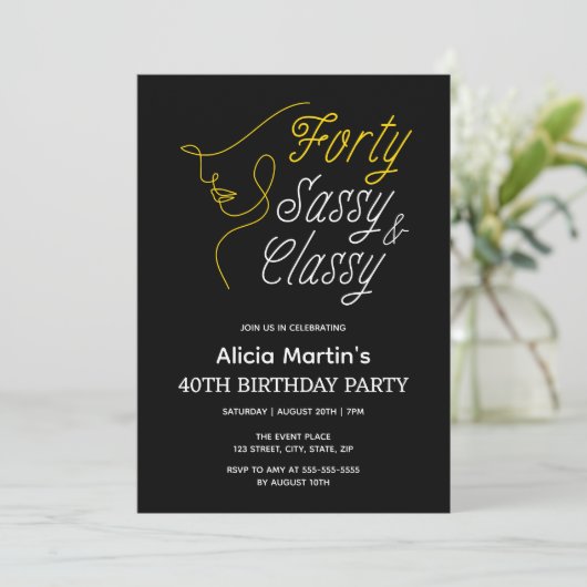 フォーティーサッシー&クラシー金ゴールドブラック40th誕生日 招待状 (スタンド正面)