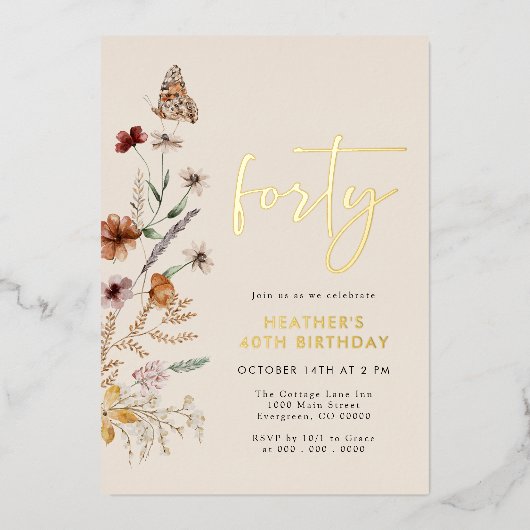 フォーティ誕生日 箔招待状 (正面)