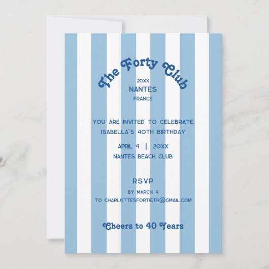 フォーティ・クラブ・ブルーストライプ 40歳の誕生日パーティー 招待状 (正面)