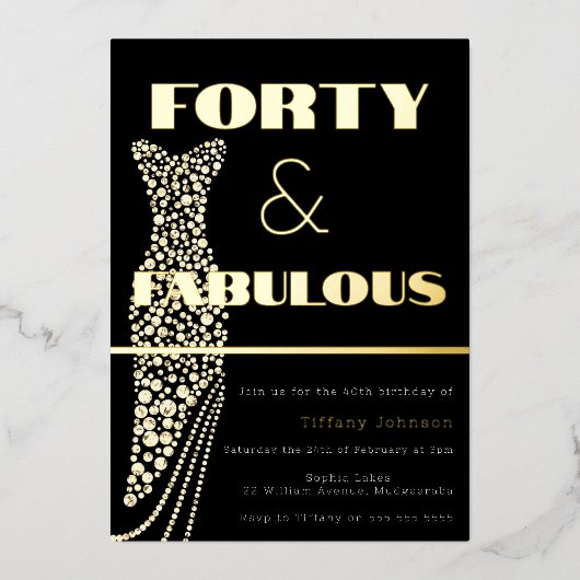 フォーティ&素晴らしいヴィンテージドレス金ゴールド40th誕生日 箔招待状 (正面)