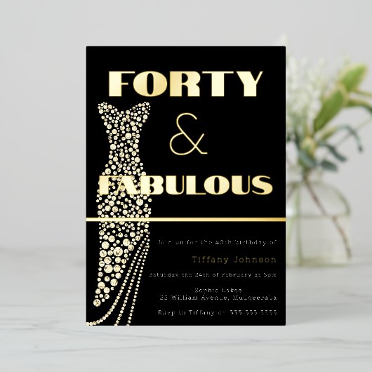 フォーティ&素晴らしいヴィンテージドレス金ゴールド40th誕生日 箔招待状 (立ち正面)