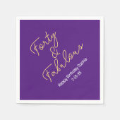 フォーティ&素晴らしい、誕生日名、深い紫/金ゴールド スタンダードカクテルナプキン (正面)