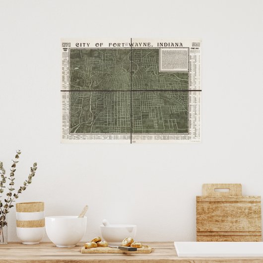 フォートウェインインディアナ1907アンティークパノラママップ ポスター (キッチン)