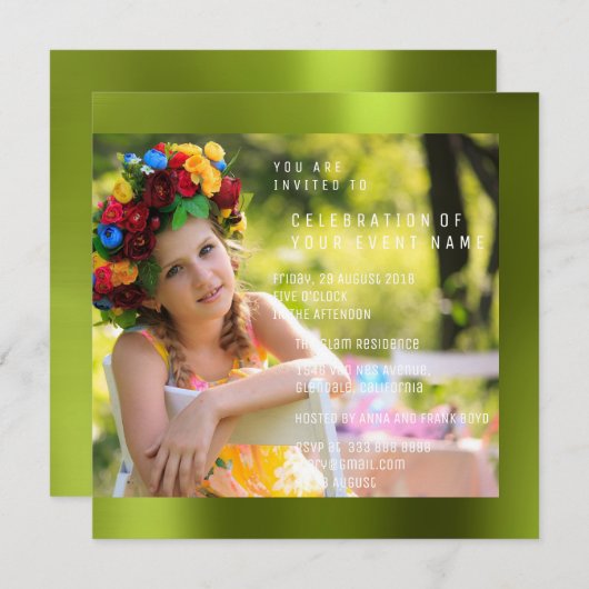 フォートバースデーパーティーカリグリーンメタル 招待状 (正面/裏面)