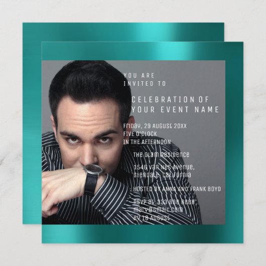 フォートバースデーパーティーグレーティール（緑がかった色）グリーンVIPメタリック 招待状 (正面/裏面)