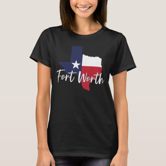 フォートワーステキサス州国旗の地図と女性の黒 Tシャツ (正面)