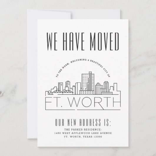 フォートワース引っ越しの発表 |スタイル化されたスカイライン 招待状 (正面)
