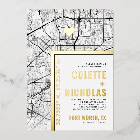 フォートワース・ラブロケーター |シティテーマ結婚の 箔招待状 (正面)