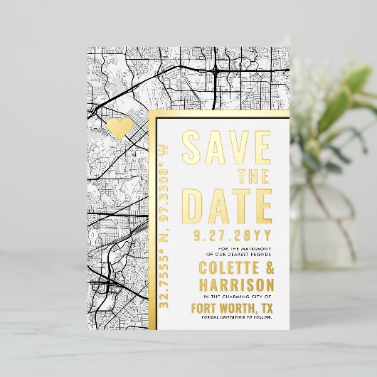 フォートワース・ラブロケーター |結婚式の日付の保存 箔招待状 (立ち正面)