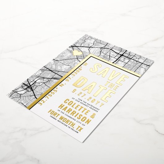 フォートワース・ラブロケーター |結婚式の日付の保存 箔招待状 (回転した状態)