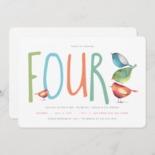 フォーバーディー4歳の誕生日パーティーの招待状 招待状 (正面/裏面)