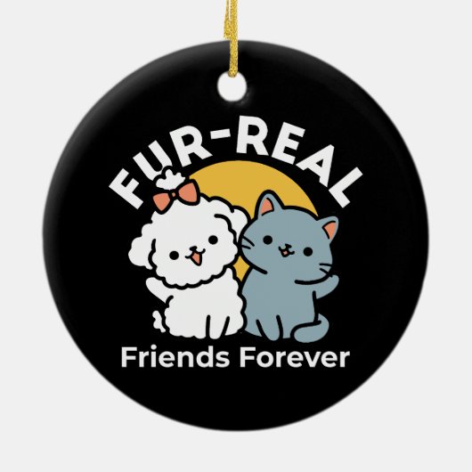 フォーフリ実在ー・フレンズ | かわいい猫とドッグデュオ セラミックオーナメント (裏面)