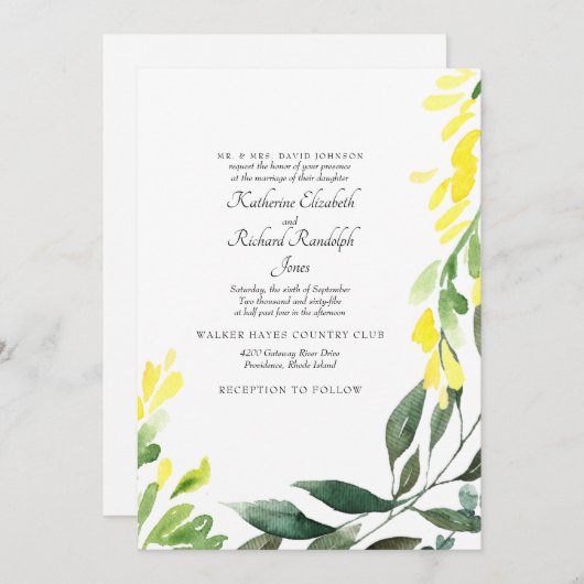 フォーマルでエレガントなウェディングイエローワイルドフラワー 招待状 (正面/裏面)