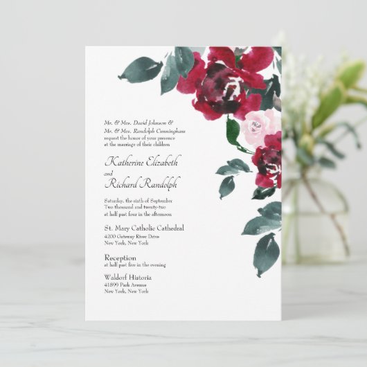 フォーマルでエレガントなピンクと赤のバラの花の結婚式 招待状 (スタンド正面)