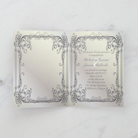 フォーマルでエレガントな渦巻の真珠の白いヴィンテージの結婚 招待状 (内部)