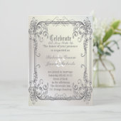 フォーマルで優雅な渦巻き パールホワイト ヴィンテージ ウェディング 招待状 (スタンド正面)