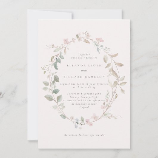 フォーマルで繊細なブッシュ フローラルリースのウェディング 招待状 (正面)