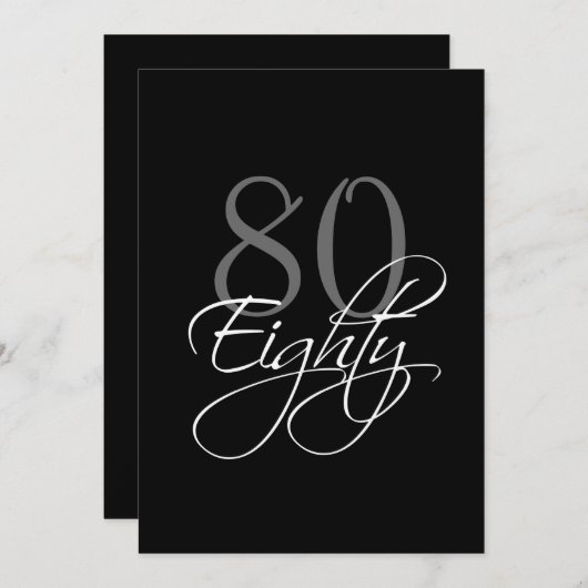 フォーマルで黒い灰色の第80誕生日の招待状 招待状 (正面/裏面)