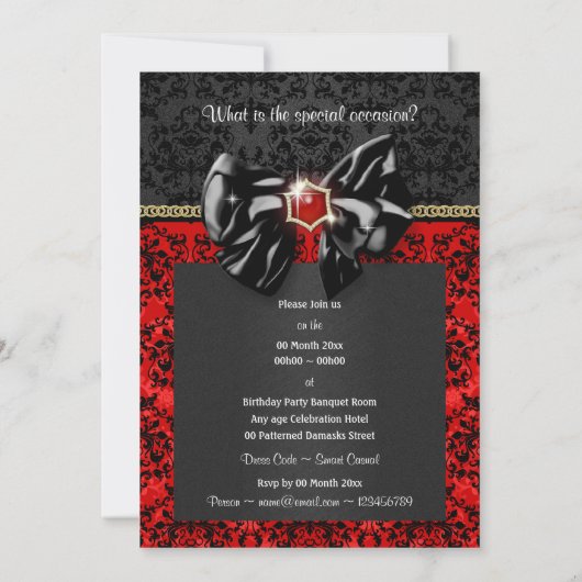 フォーマルで黒く赤い金ゴールドのダマスク織のパーティー 招待状 (裏面)