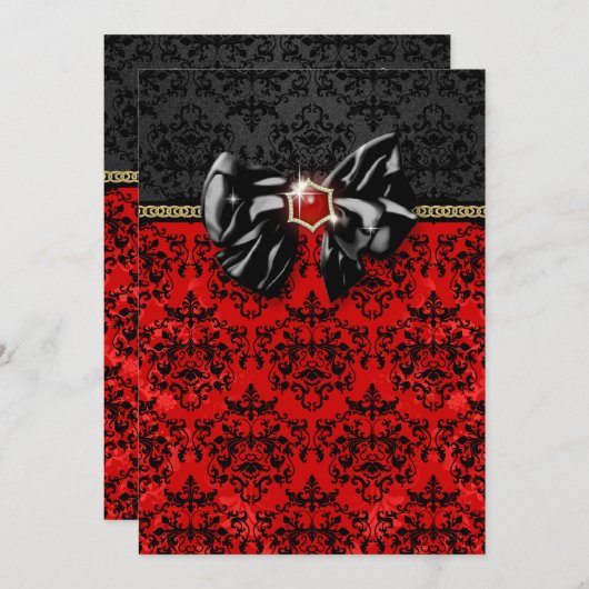 フォーマルで黒く赤い金ゴールドのダマスク織のパーティー 招待状 (正面/裏面)