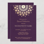 フォーマルなエレガントな金ゴールドの円のモチーフの紫色のリネン一見 招待状 (正面/裏面)